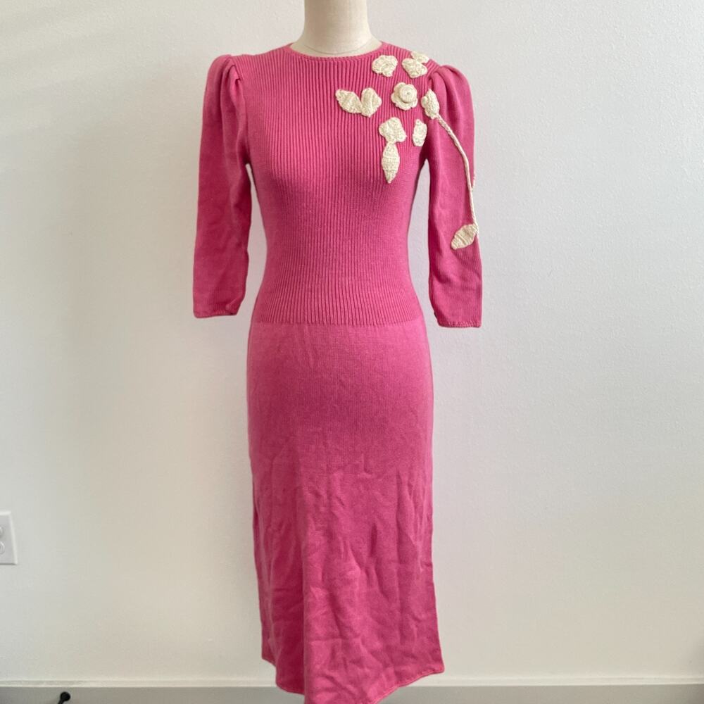 Vintage Lillie Rubin Dress Women 6 Pink Knit Sweater Midi Floral Crochet Puff 80